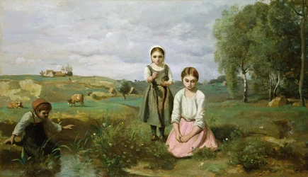 Niños junto a un arroyo en el campo, Lormes